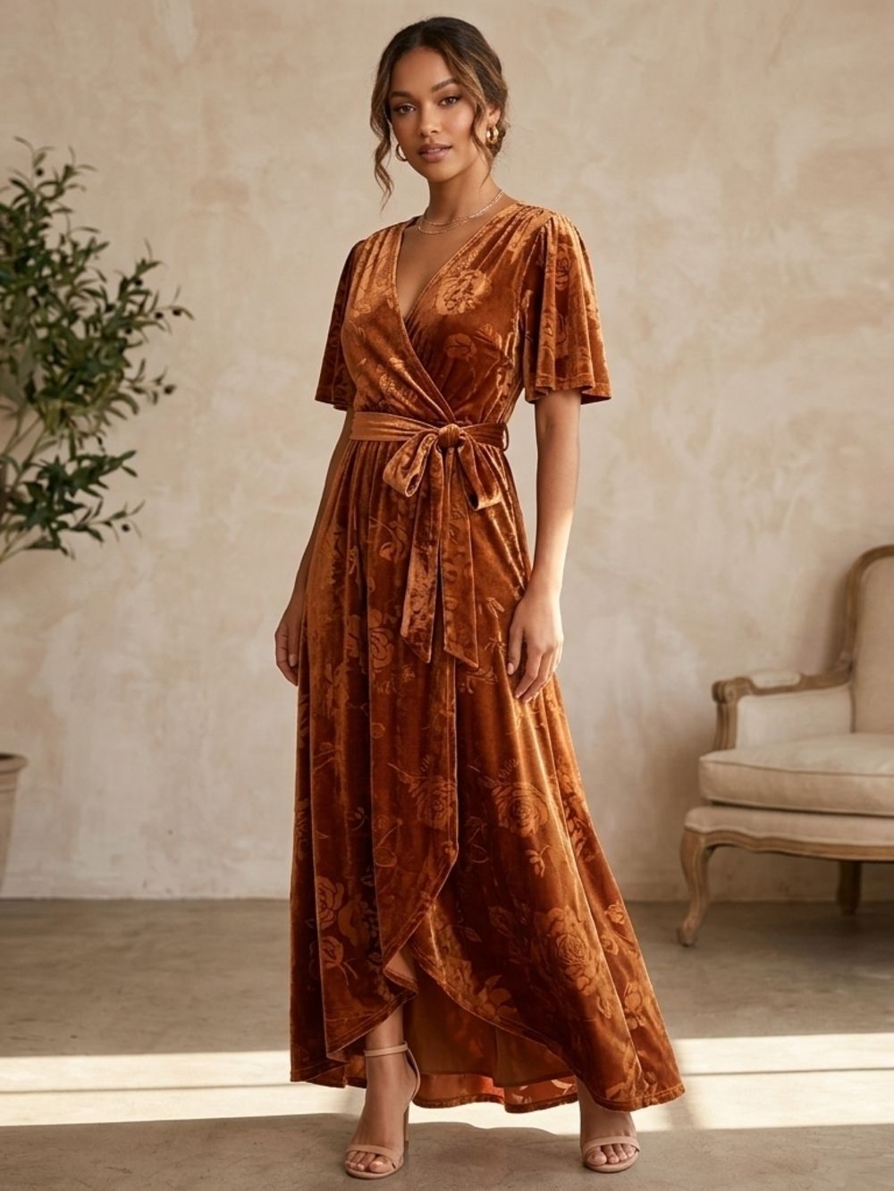 Simplee Apparel Burnt Orange Floral Velvet Wrap Maxi Dress